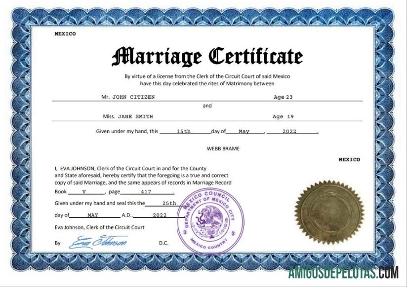 Imprimível modelo Word e PDF de certidão de casamento no México